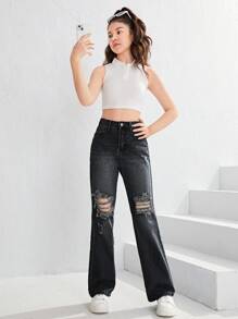 SHEIN Teen Girls Ripped Straight Leg Jeans - Black - View 5