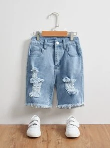 SHEIN 男孩破洞毛邊牛仔短褲 - 淺色水洗藍 - 查看 1