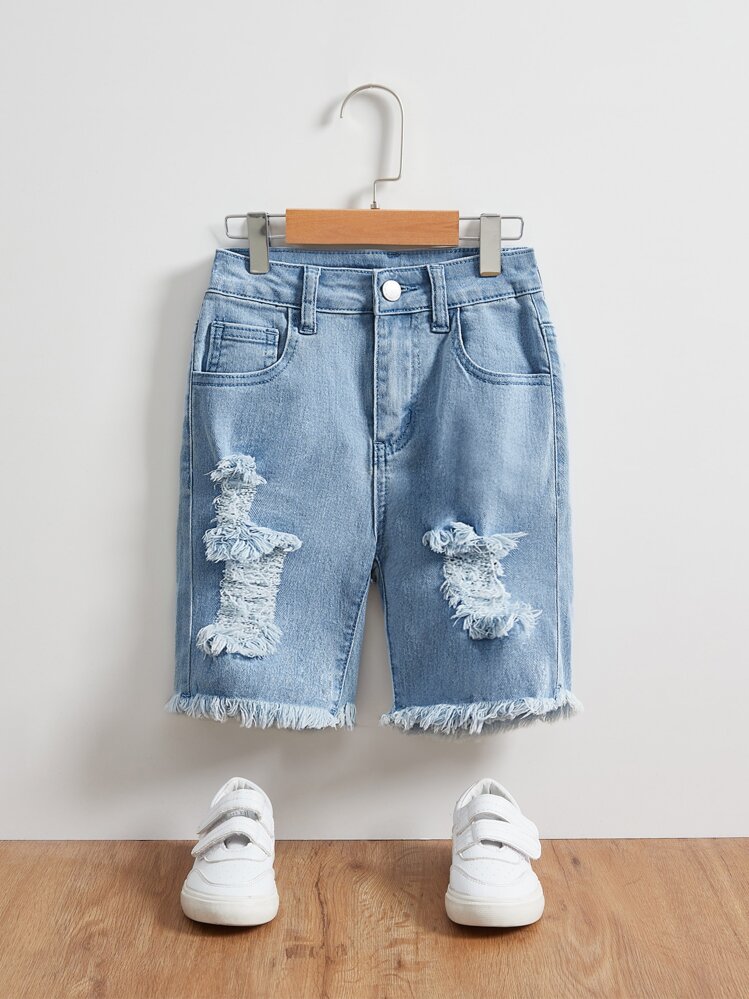 SHEIN Chicos Shorts mezclilla desgarro bajo crudo - Lavado ligero - Añade 1