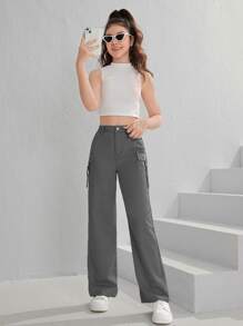 SHEIN Teen Girls Flap Pocket Side Cargo Jeans - Dark Grey - View 1
