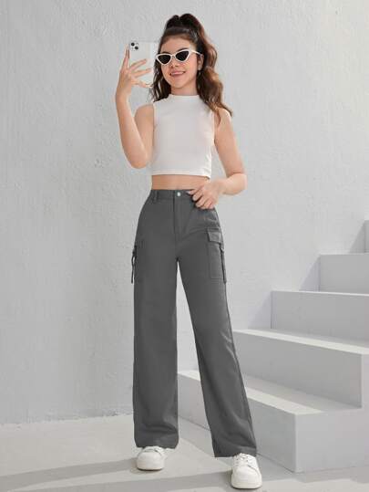 SHEIN Teen Girls Flap Pocket Side Cargo Jeans