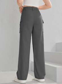 SHEIN Teen Girls Flap Pocket Side Cargo Jeans - Dark Grey - View 2