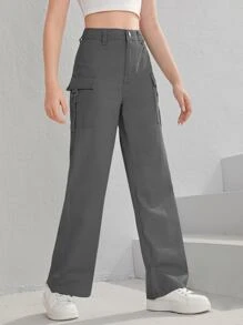 SHEIN Teen Girls Flap Pocket Side Cargo Jeans - Dark Grey - View 4