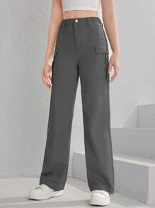 SHEIN Teen Girls Flap Pocket Side Cargo Jeans - Dark Grey - View 5