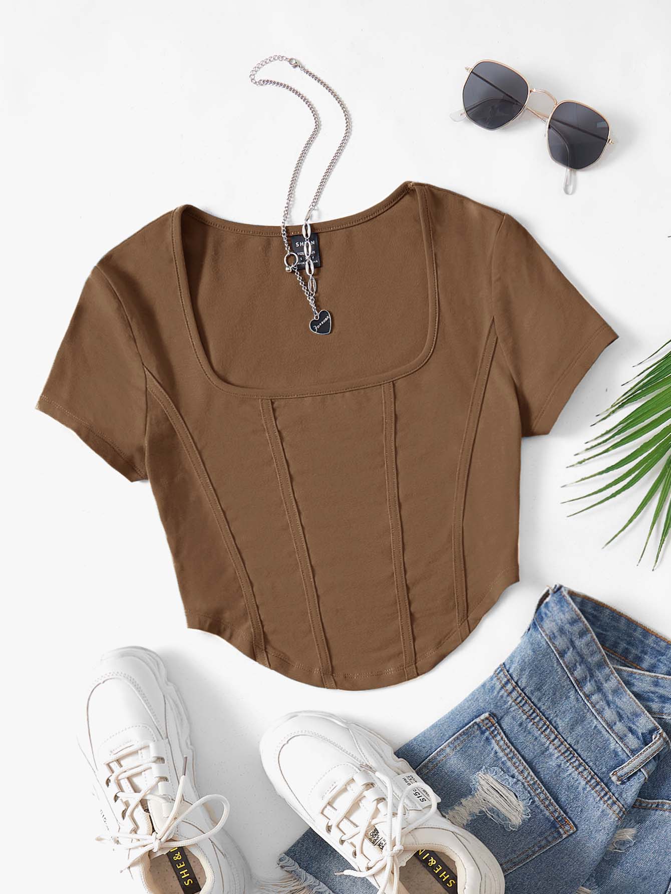 SHEIN EZwear 方領接縫細節弧形下擺短款T恤 - 咖啡棕 - 查看 1