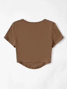 SHEIN EZwear 方領接縫細節弧形下擺短款T恤 - 咖啡棕 - 查看 2