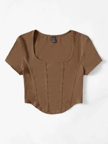 SHEIN EZwear 方領接縫細節弧形下擺短款T恤 - 咖啡棕 - 查看 3