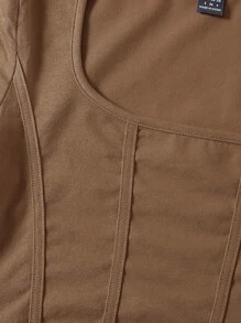 SHEIN EZwear 方領接縫細節弧形下擺短款T恤 - 咖啡棕 - 查看 5