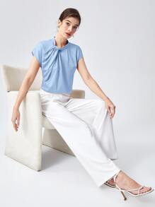 BizChic 素色蝙蝠袖前扭結襯衫工作服 - 淺藍色 - 查看 3