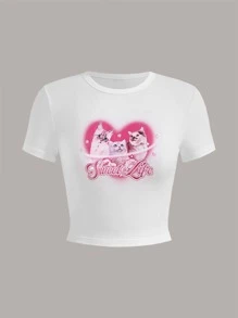 SHEIN MOD Letter & Cat Print Crop Tee - White - View 1