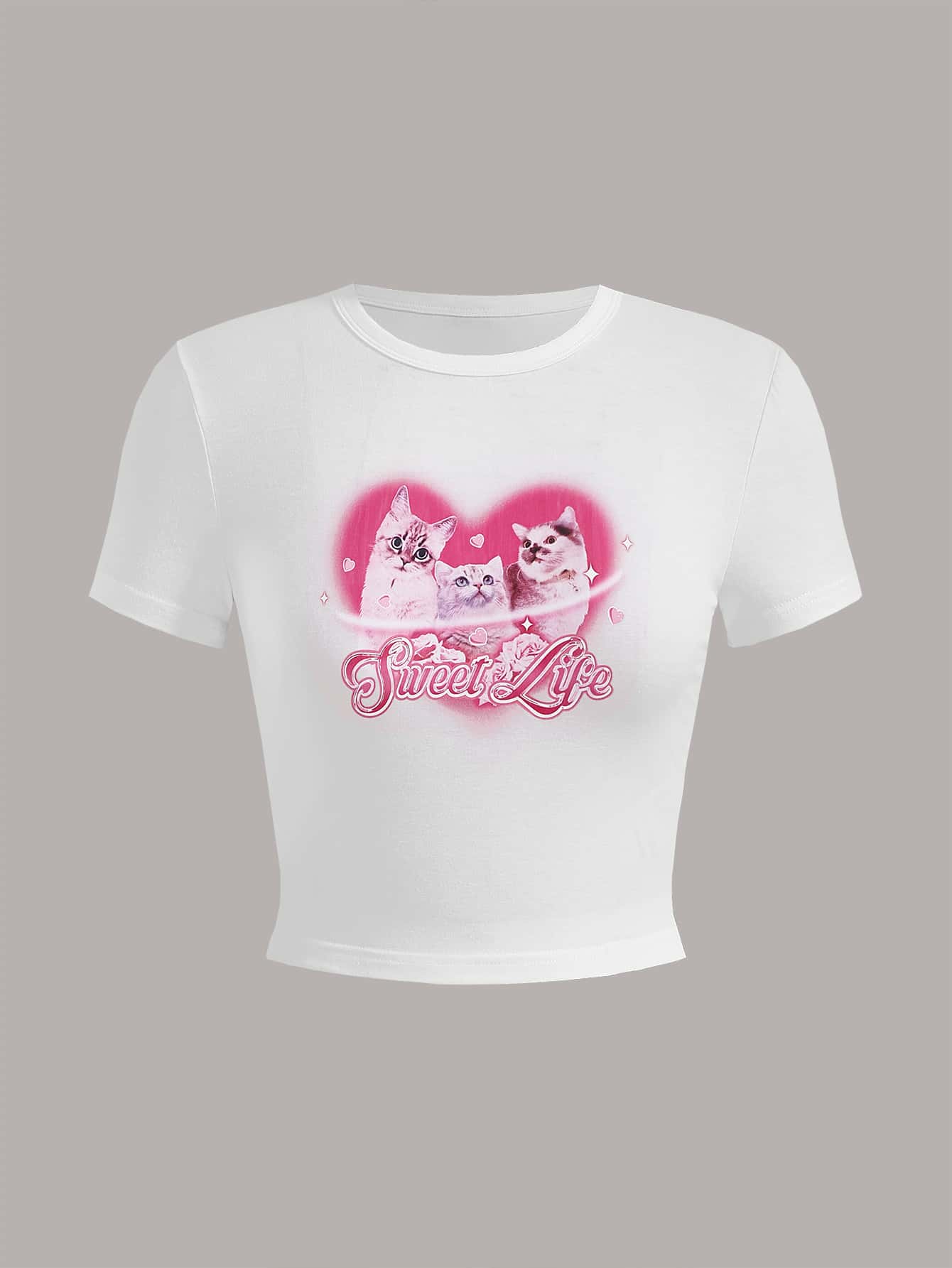 SHEIN MOD Letter & Cat Print Crop Tee - White - View 1