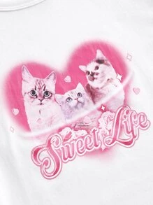 SHEIN MOD Letter & Cat Print Crop Tee - White - View 4