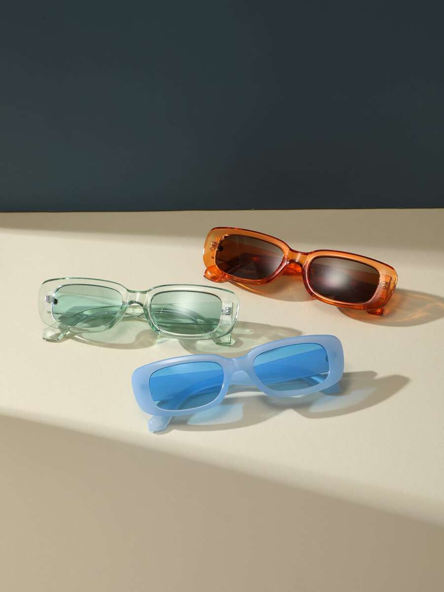 3 件装复古矩形塑料时尚眼镜，男女经典时尚眼镜，户外旅行海滩度假休闲配饰 - 彩色 - 查看 1