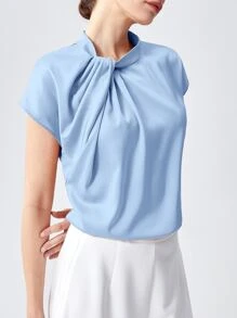 BizChic 素色蝙蝠袖前扭結襯衫工作服 - 淺藍色 - 查看 7