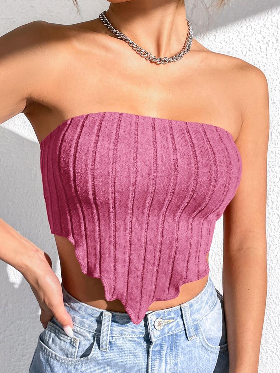 SHEIN EZwear 不對稱下擺抹胸上衣 - 粉色 - 查看 1