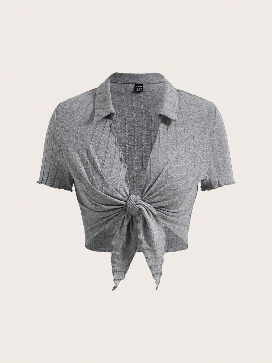 SHEIN MOD Áo thun nữ Gân đan Thắt nơ trước màu trơn Giải trí - Xám - Xem 1
