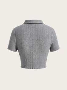 SHEIN MOD Áo thun nữ Gân đan Thắt nơ trước màu trơn Giải trí - Xám - Xem 2