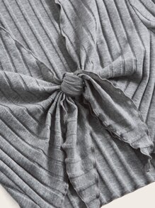 SHEIN MOD Áo thun nữ Gân đan Thắt nơ trước màu trơn Giải trí - Xám - Xem 3