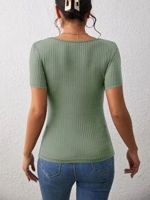 SHEIN Frenchy Camiseta de cuello cuadrado tejido de canalé - Verde - Ver 2
