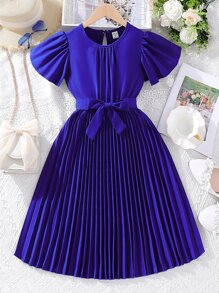 SHEIN 女孩蝴蝶袖百褶下擺繫腰帶連衣裙 - 寶藍色 - 查看 1