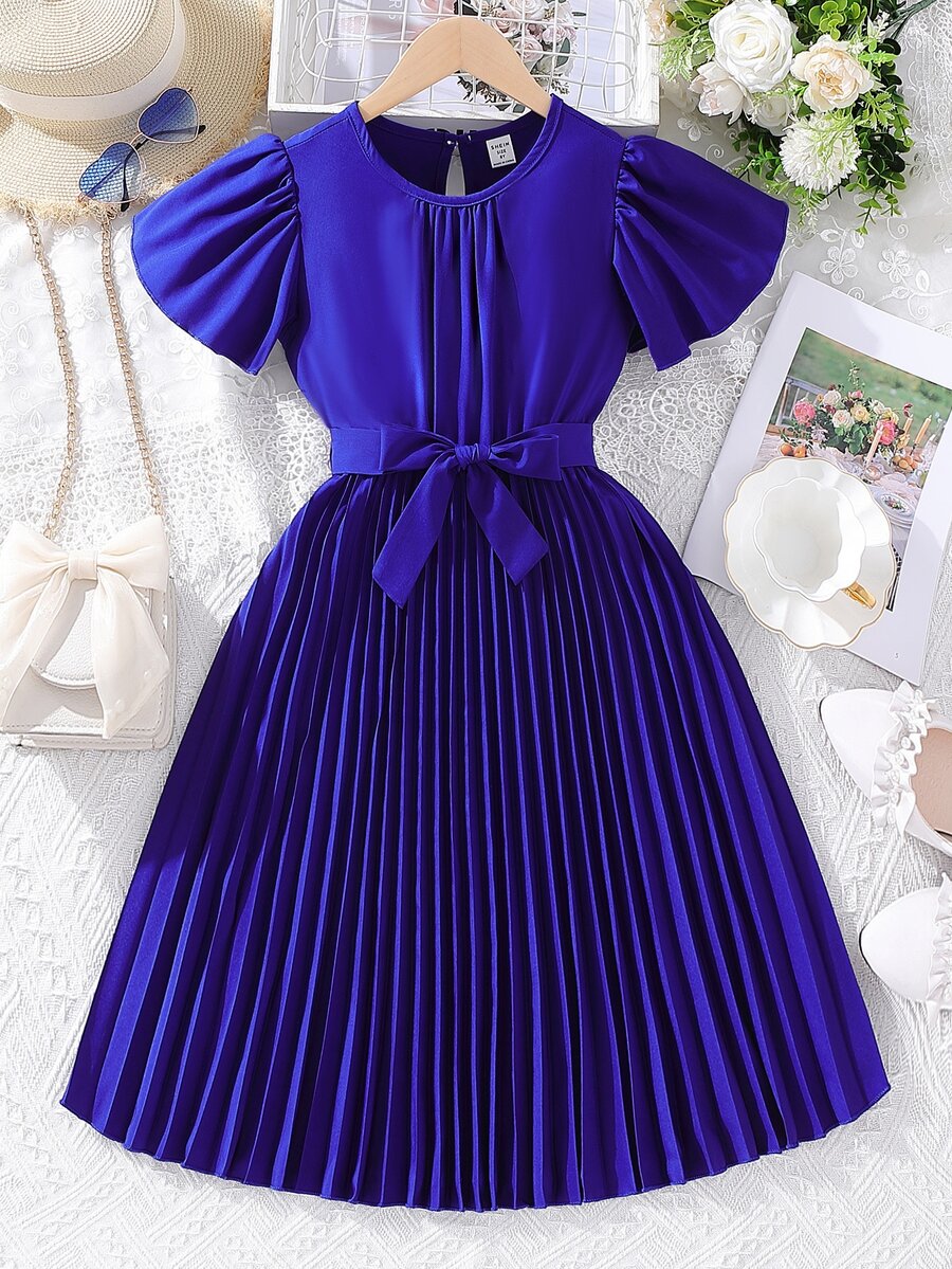 SHEIN 女孩蝴蝶袖百褶下擺繫腰帶連衣裙 - 寶藍色 - 查看 1