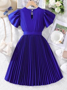 SHEIN 女孩蝴蝶袖百褶下擺繫腰帶連衣裙 - 寶藍色 - 查看 2