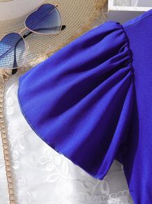 SHEIN 女孩蝴蝶袖百褶下擺繫腰帶連衣裙 - 寶藍色 - 查看 3