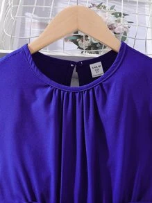 SHEIN 女孩蝴蝶袖百褶下擺繫腰帶連衣裙 - 寶藍色 - 查看 4