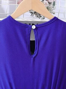 SHEIN 女孩蝴蝶袖百褶下擺繫腰帶連衣裙 - 寶藍色 - 查看 7