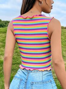 SHEIN EZwear Rainbow Striped Lettuce Trim Crop Tank Top - Multicolor - View 2
