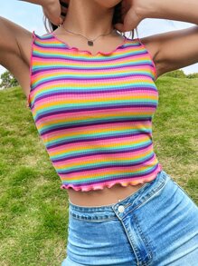 SHEIN EZwear Rainbow Striped Lettuce Trim Crop Tank Top - Multicolor - View 3