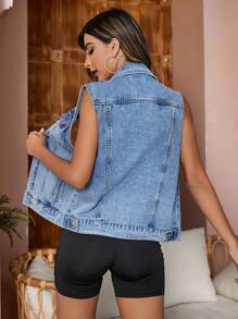 SHEIN Essnce Studded Detail Flap Pocket Vest Denim Jacket - Light Wash - View 2