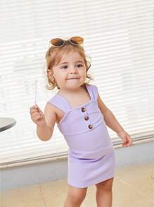 SHEIN Bebé Vestido de tirantes con diseño de botón tejido de canalé - Lila Púrpura - Ver 1