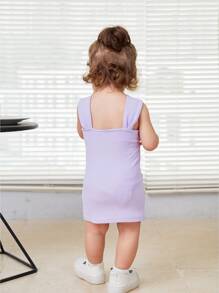 SHEIN Bebé Vestido de tirantes con diseño de botón tejido de canalé - Lila Púrpura - Ver 2