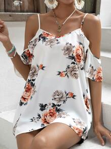 SHEIN Maternity Floral Print Cold Shoulder Blouse - White - View 1