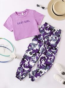 SHEIN Explorewe Girls Letter Graphic Tee & Camo Print Trousers - Purple - View 2