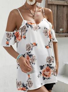 SHEIN Maternity Floral Print Cold Shoulder Blouse - White - View 3