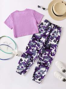 SHEIN Explorewe Girls Letter Graphic Tee & Camo Print Trousers - Purple - View 5