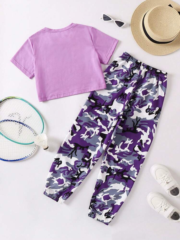 SHEIN Explorewe Girls Letter Graphic Tee & Camo Print Trousers - Purple - View 5