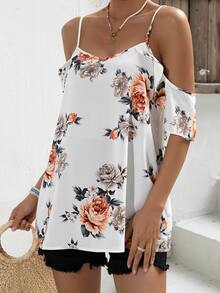 SHEIN Maternity Floral Print Cold Shoulder Blouse - White - View 4