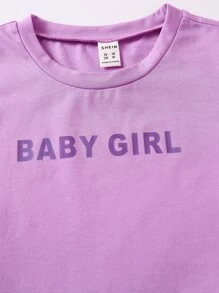 SHEIN Explorewe Girls Letter Graphic Tee & Camo Print Trousers - Purple - View 3