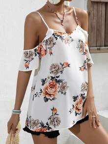 SHEIN Maternity Floral Print Cold Shoulder Blouse - White - View 5