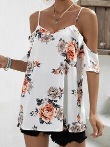 SHEIN Maternity Floral Print Cold Shoulder Blouse - White - View 6