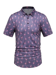 NITAGUT 男士滿版火烈鳥圖案POLO衫 - 深灰色 - 查看 7