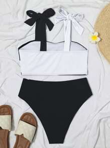 Bộ đồ bơi bikini 2 mảnh buộc vai phối màu mùa hè & quần cạp cao - Đen và trắng - Xem 6