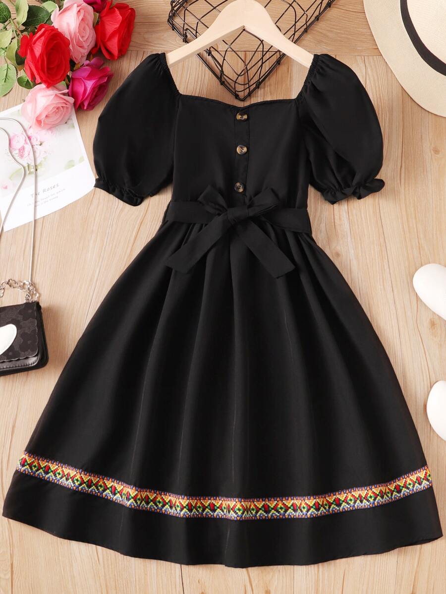 SHEIN 女孩織帶拼接泡泡袖繫腰帶洋裝 - 黑色 - 查看 1