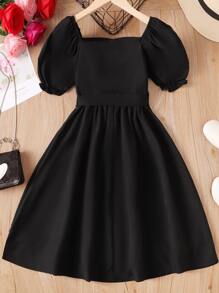 SHEIN 女孩織帶拼接泡泡袖繫腰帶洋裝 - 黑色 - 查看 2