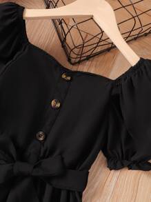 SHEIN 女孩織帶拼接泡泡袖繫腰帶洋裝 - 黑色 - 查看 3