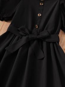 SHEIN 女孩織帶拼接泡泡袖繫腰帶洋裝 - 黑色 - 查看 4