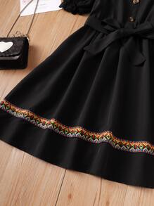 SHEIN 女孩織帶拼接泡泡袖繫腰帶洋裝 - 黑色 - 查看 5